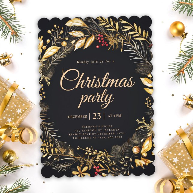 Convite Festa de Natal Elegante Dourada Negra (Black Gold Classic Elegant Christmas Holiday Party Invitation)