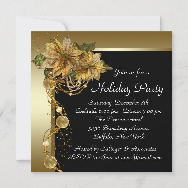 Convite Festa de Natal Elegante Dourada Poinsettia (Frente)