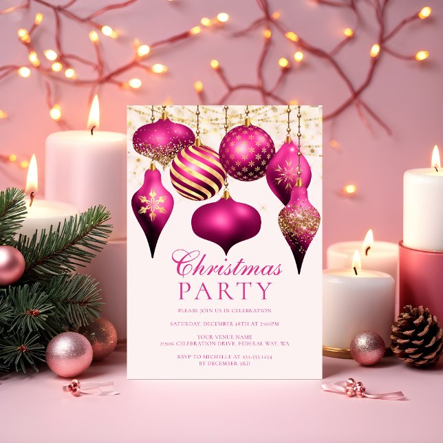 Convite Festa de Natal Elegante, Dourada Rosa Quente, (Elegant Hot Pink Gold Ornaments Christmas Party Invitation)