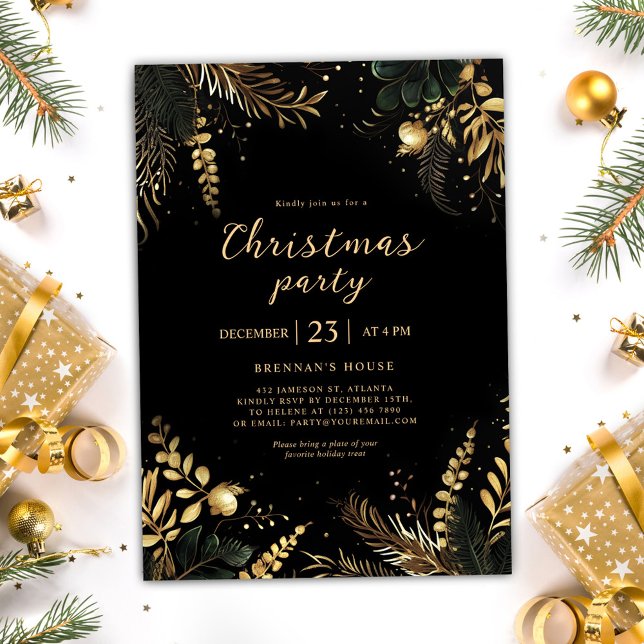 Convite Festa de Natal elegante, Feriado Festivo, Greenere (Elegant Christmas Party Festive Holiday Greenery Invitation)