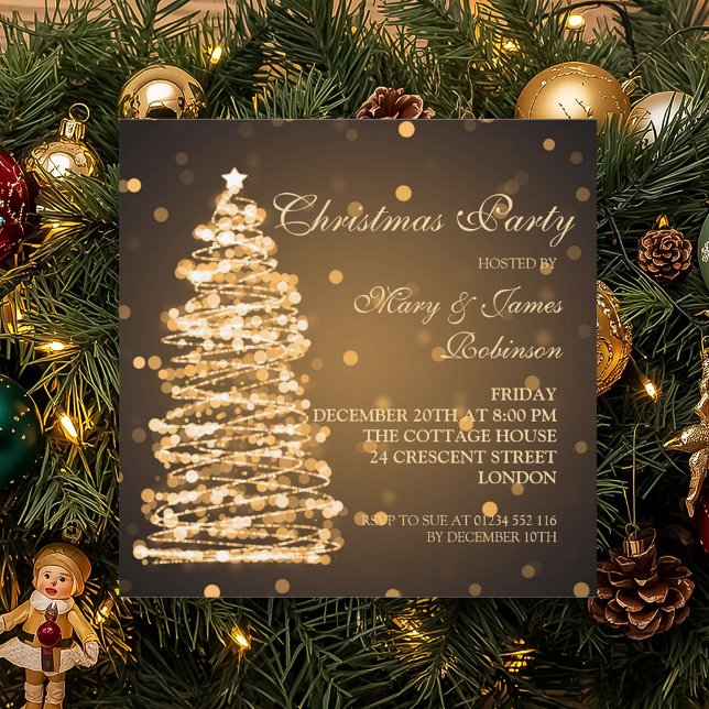 Convite Festa de Natal Elegante, Festa de Férias da Árvore (Elegant Christmas Bokeh Tree Holiday Party Gold Invitation)