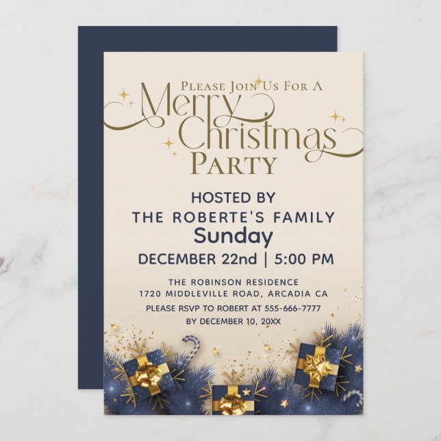 Convite FESTA DE Natal Elegante Glitter azul Dourado preto (Frente/Verso)