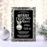 Convite Festa de Natal Elegante, Glitter de Prata Negra<br><div class="desc">Imprima todos os seus hóspedes com estas convites de festas de Natal de prata. Fundo de falso brilho com ornamento e arco em prata. Letras falsas de folha prateada com branco. Personalize-os adicionando suas informações. Perfeito para a empresa, empresa, empresa, escritório, janto da casa. Obter itens correspondentes. Contato do designer...</div>