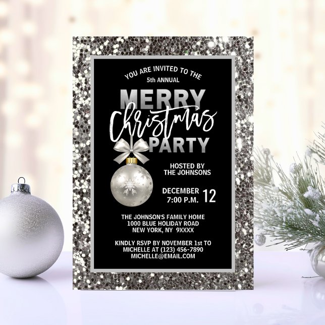 Convite Festa de Natal Elegante, Glitter de Prata Negra (Elegant Christmas PARTY Black Silver Glitter Invitation)