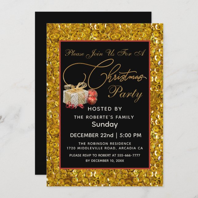 Convite FESTA DE Natal Elegante Glitter vermelho Dourado p (Frente/Verso)