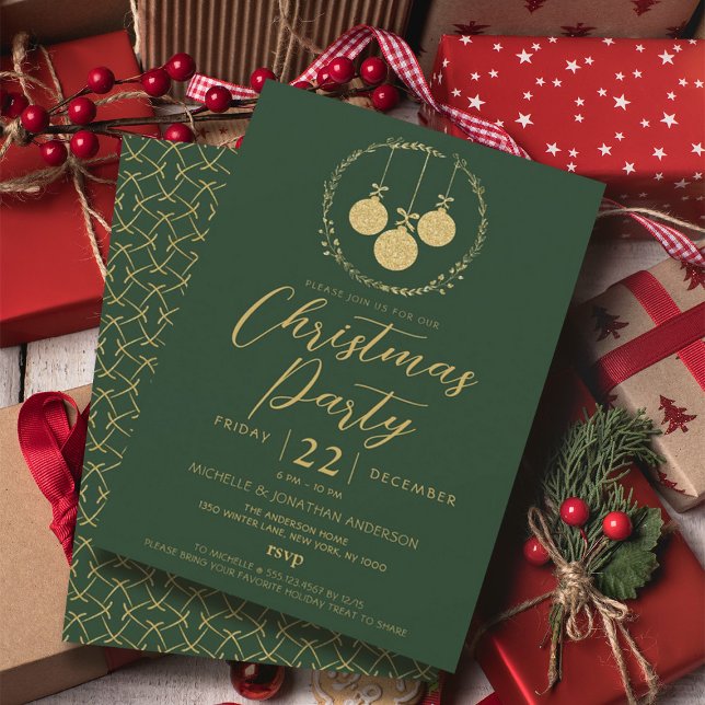 Convite Festa de Natal Elegante Green Dourada Wreath (Elegant Green Gold Glitter Wreath Christmas Party Invitation)