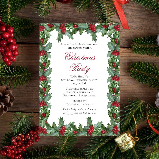 Convite Festa de Natal Elegante Holly e Berries (Elegant Holly and Berries Frame Christmas Holiday Party  Invitation (green back))