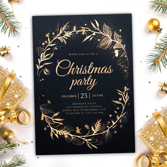 Convite Festa de Natal Elegante Mínima Dourada Feriado Pre (Minimal Black Gold Holiday Elegant Christmas Party Invitation)