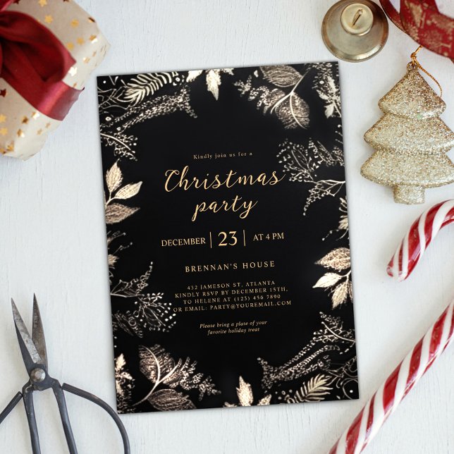 Convite Festa de Natal Elegante Moderna Dourada Festiva Ne (Modern Elegant Christmas Party Black Gold Festive Invitation)