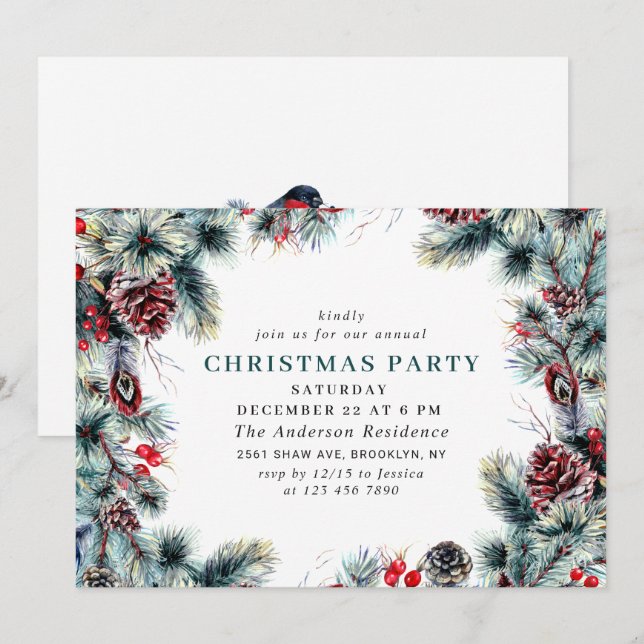 Convite Festa de Natal Elegante Pine Holly Berry (Frente/Verso)
