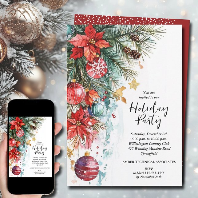 Convite Festa de Natal Elegante Poinsettia (Elegant Poinsettia Christmas Party Invitations - INSTANT DOWNLOAD and/or PRINTED)