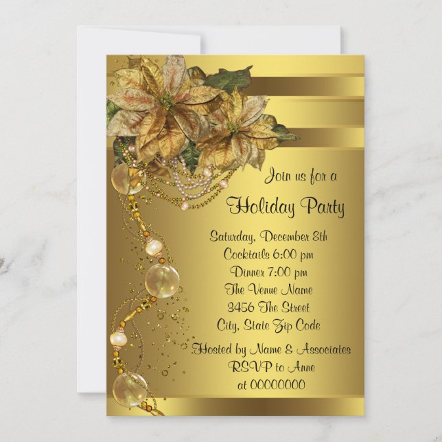 Convite Festa de Natal Elegante Poinsettia Dourada (Frente)