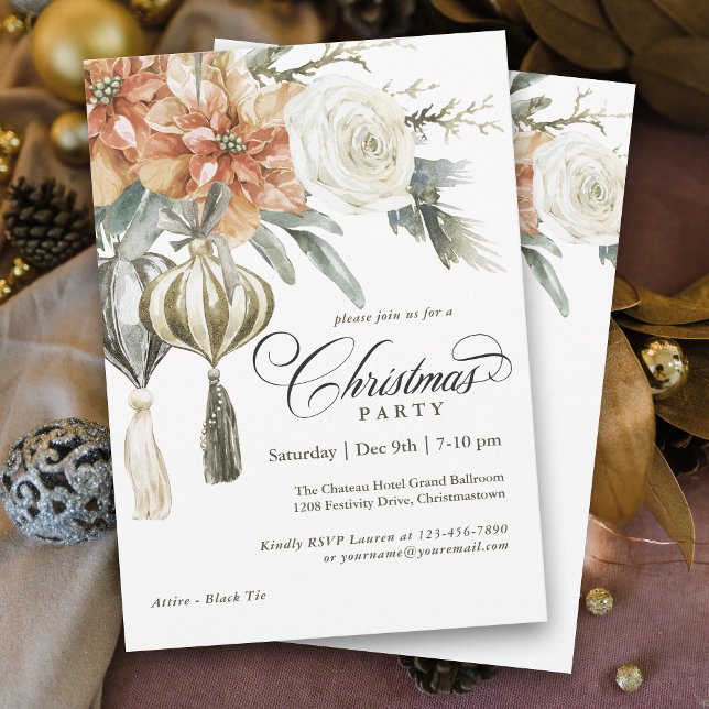 Convite Festa de Natal Elegante Poinsettias e Ornamentos (Personalize this elegant Christmas Party invitation with your event details.)