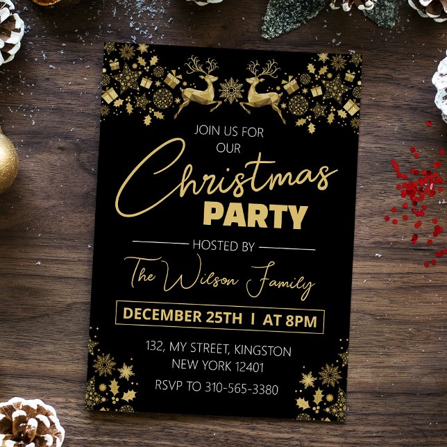 Convite Festa de Natal Elegante Preto e Dourado (Criador carregado)