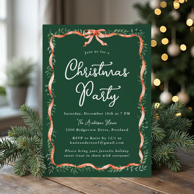 Convite Festa de Natal Elegante Red Ribbon e Greenery (Criador carregado)