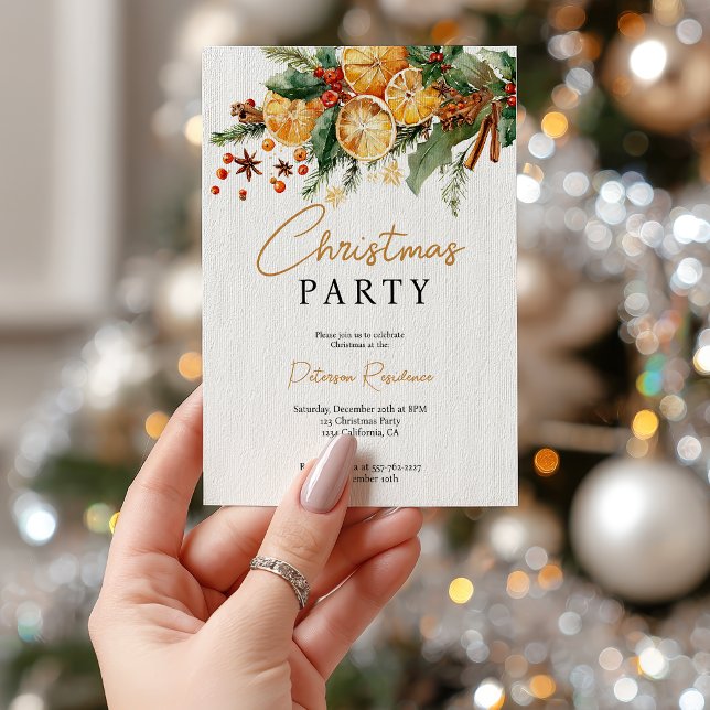 Convite Festa de Natal Elegante Rustic Orange e Pine (Elegant Rustic Orange and Pine Christmas Party Invitation)