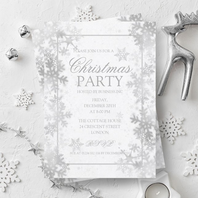Convite Festa de Natal Elegante Silver Foil Snowflakes (Elegant Silver Foil Snowflakes Christmas Party Invitation)