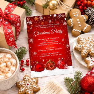 Convite Festa de Natal Elegante Snowy Red Christmas Balls