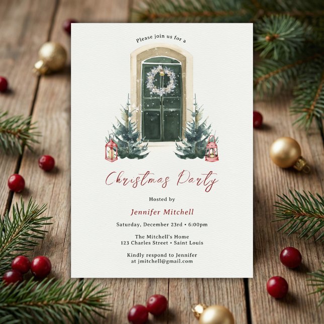 Convite Festa de Natal Elegante Watercolor (Watercolor Front Door Christmas Party Invite • Wreath & Lanterns (Personalized))