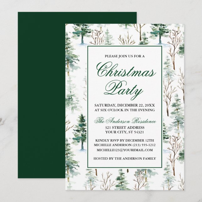 Convite Festa de Natal Elegante Watercolor Greenery Pines (Frente/Verso)
