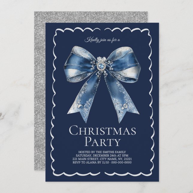 Convite Festa de Natal Elegante XL Arco Blue Silver Glitte (Frente/Verso)