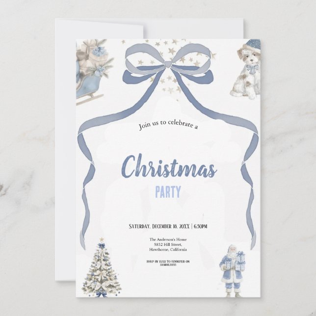 Convite Festa de Natal em aquarela azul e cinza fofa  (Frente)