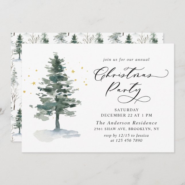 Convite Festa de Natal em Árvore de Pinheiros com Aquarela (Frente/Verso)