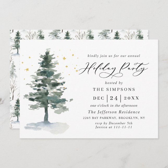 Convite Festa de Natal em Árvore de Pinheiros com Aquarela (Frente/Verso)