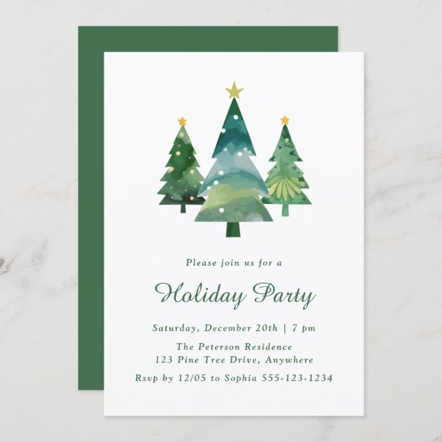 Convite Festa de Natal em Árvore Moderna em Aquarela (Frente/Verso)