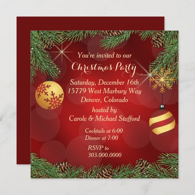 Convite Festa de Natal em Dourado e Vermelho Elegante (Frente/Verso)