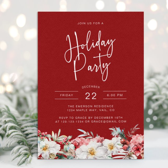 Convite Festa de Natal em Férias Botânicas (Elegant Watercolor Botanical Floral Christmas Holiday Party Invitation by Painted Paperie)