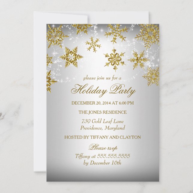 Convite Festa de Natal em Floco de Neve Dourado e Prateado (Frente)