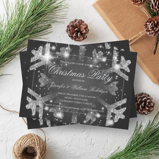 Convite Festa de Natal em Floco de Neve no Floco de Neve n (Silver Glitter Snowflake Xmas Holiday Party Black Invitation)