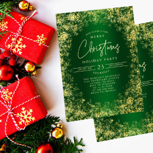 Convite Festa de Natal em Flocos de Neve Verde e Dourado