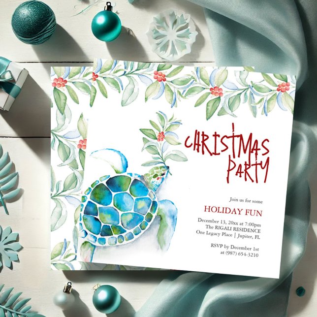 Convite Festa de Natal em Praia Turtle (Sea turtle Christmas invitations watercolor art by Victoria Grigaliunas of Do Tell A Belle)