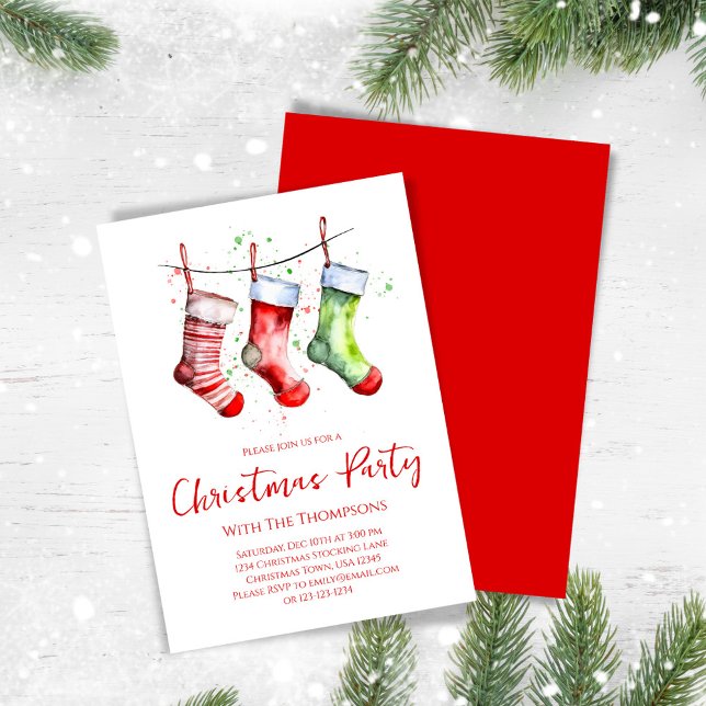Convite Festa de Natal em Simples Meias de Água (Christmas party invitation with whimsical festive stockings. )