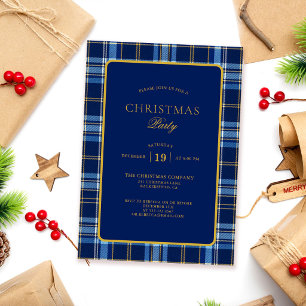 Convite Festa de Natal em Tartan Azul Marinho e Dourado