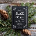 Convite Festa de Natal em Tipografia do Quadro Chalkboard<br><div class="desc">Design de convite para festas de Natal modernas e elegantes, com tipografia caprichosa que lê Comer, Beber e Ser Feliz. O plano de fundo tem uma borda com detalhes de canto de rolagem vintage. Use as ferramentas de design para personalizar fontes, mover texto e criar seu próprio design de convite...</div>