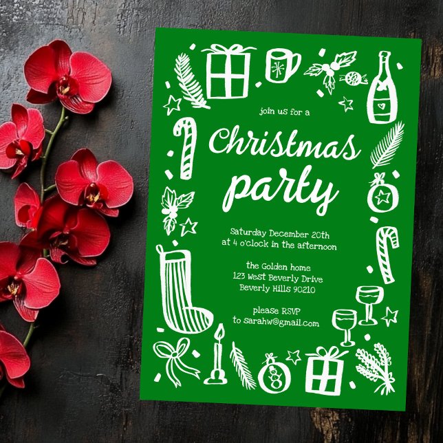Convite Festa de Natal em Whimssic - Personalizada (Whimsical Doodle Christmas Holiday Party Cute Custom Invitation Green White
)