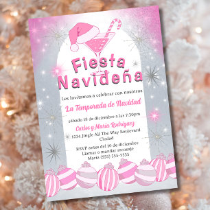 Convite Festa de Natal Espanhola Retro Rosa Fiesta Navideñ