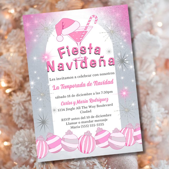 Convite Festa de Natal Espanhola Retro Rosa Fiesta Navideñ (Criador carregado)