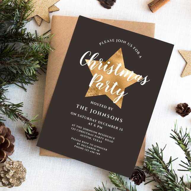 Convite Festa de Natal Estrela Dourada Marrom Elegante (Elegant Brown Gold Star Christmas Party Invitation)