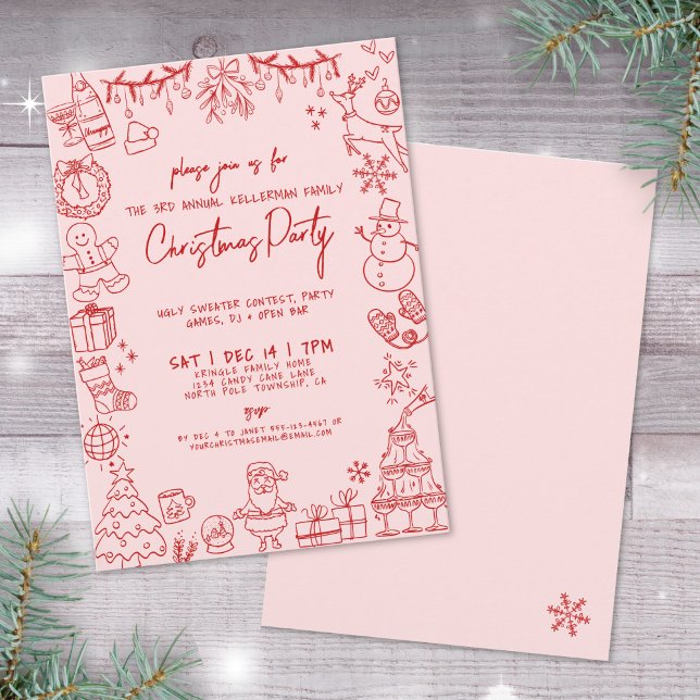 Convite Festa de Natal Excêntrica Desenhada à Mão Capricho (Quirky Hand Drawn Whimsical Christmas Party Invitation)