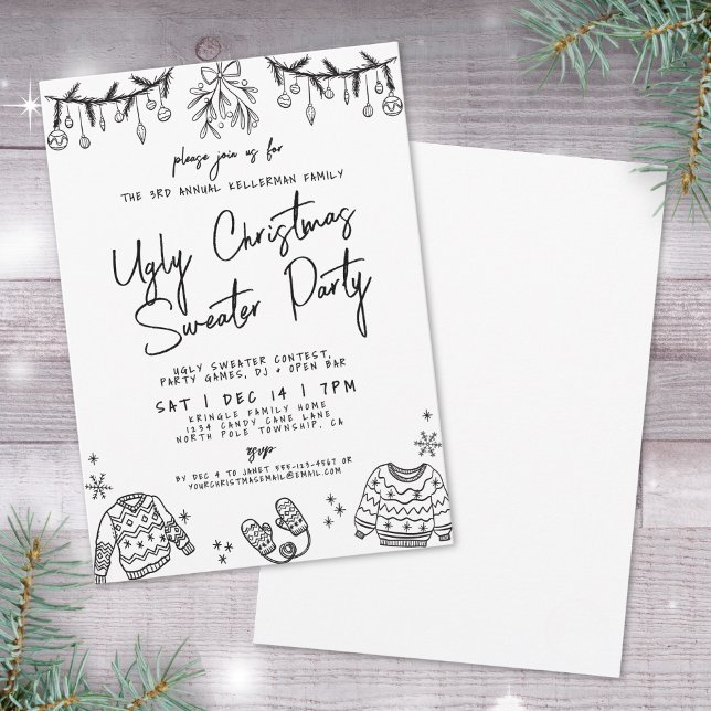 Convite Festa de Natal Feia de Mão Desenhada (Hand Drawn Ugly Sweater Christmas Party Invitation)