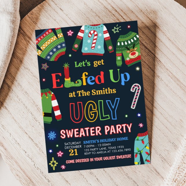 Convite Festa De Natal Feita Por Um Suéter Feio (Elfed Up Ugly Sweater Christmas Party Invitation)