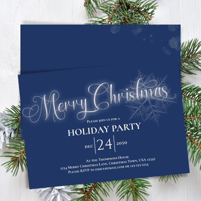 Convite Festa de Natal Feliz com Script de Caligrafia Azul (Merry Christmas party invitation with navy blue background. )