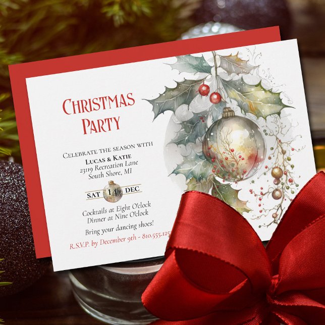 Convite Festa de Natal Feriada Holly Ornament Red Dourado (Festive Holiday Party Invitation with beautiful watercolor elements.)