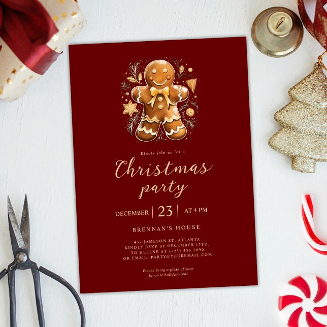 Convite Festa de Natal Feriado de Pão de Pão Dourado Verme (Christmas Party Red Gold Gingerbread Holiday Invitation)