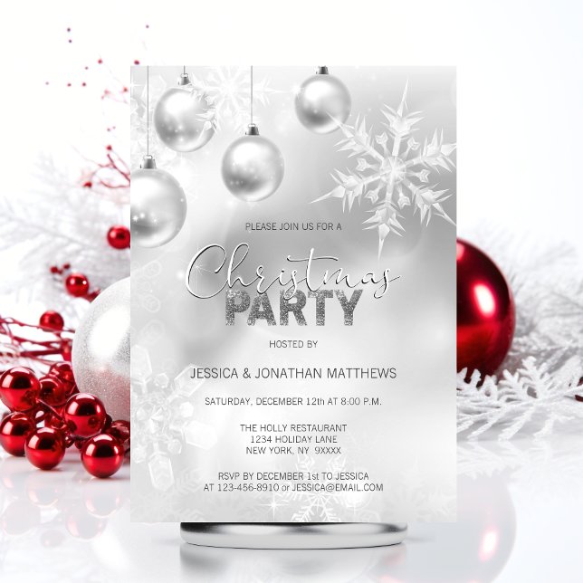 Convite FESTA DE NATAL Festa de inverno Flocos de neve pra (CHRISTMAS PARTY Winter Snow Snowflakes Silver Invitation)