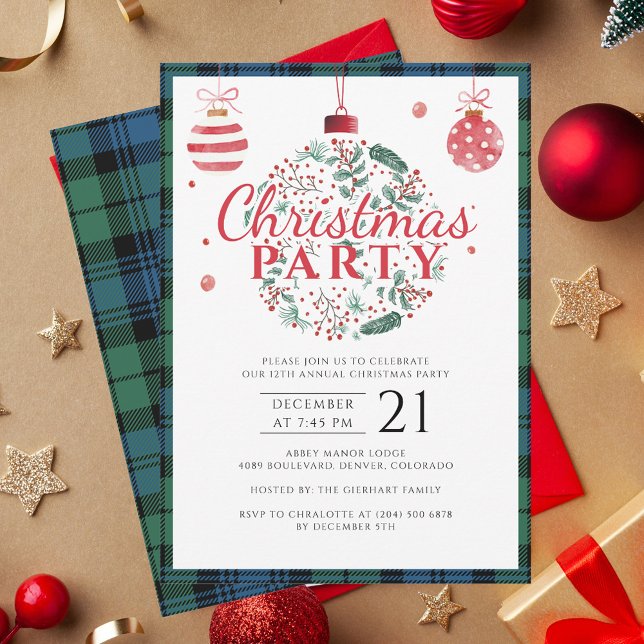Convite Festa de Natal Festiva da Xadrez russa Tartan (Rustic Tartan Campbell Elegant Christmas Party Invitation with Baubles)